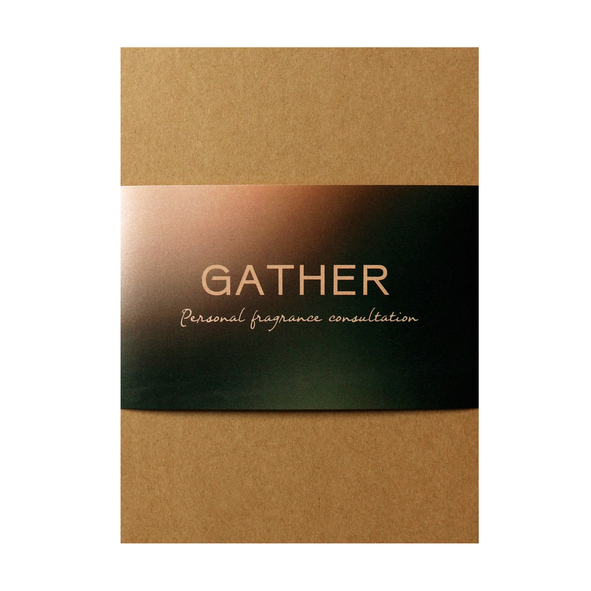 'GATHER' and 'Personal fragrance consultation' text on a brown and black gradient background